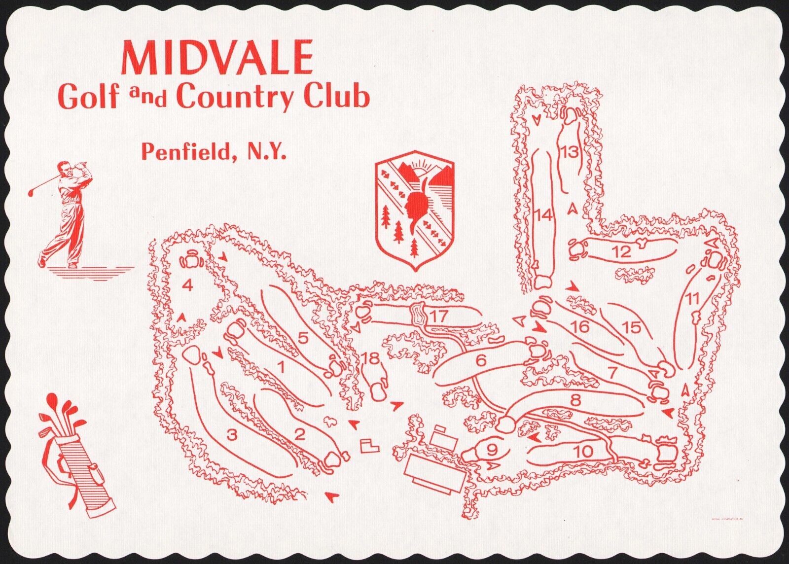 Vintage placemat MIDVALE GOLF and COUNTRY CLUB indian logo Pennfield New York