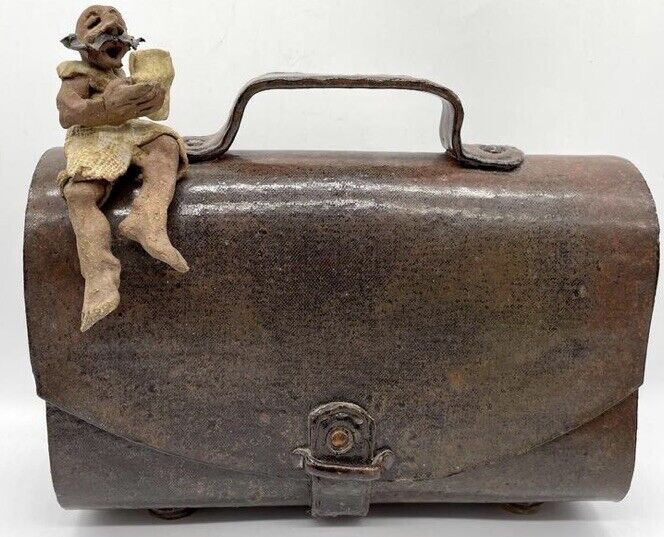 S G Healy Ohio Studio Pottery Folk Art Purse Brief Case Sculpted Man Figure Atop