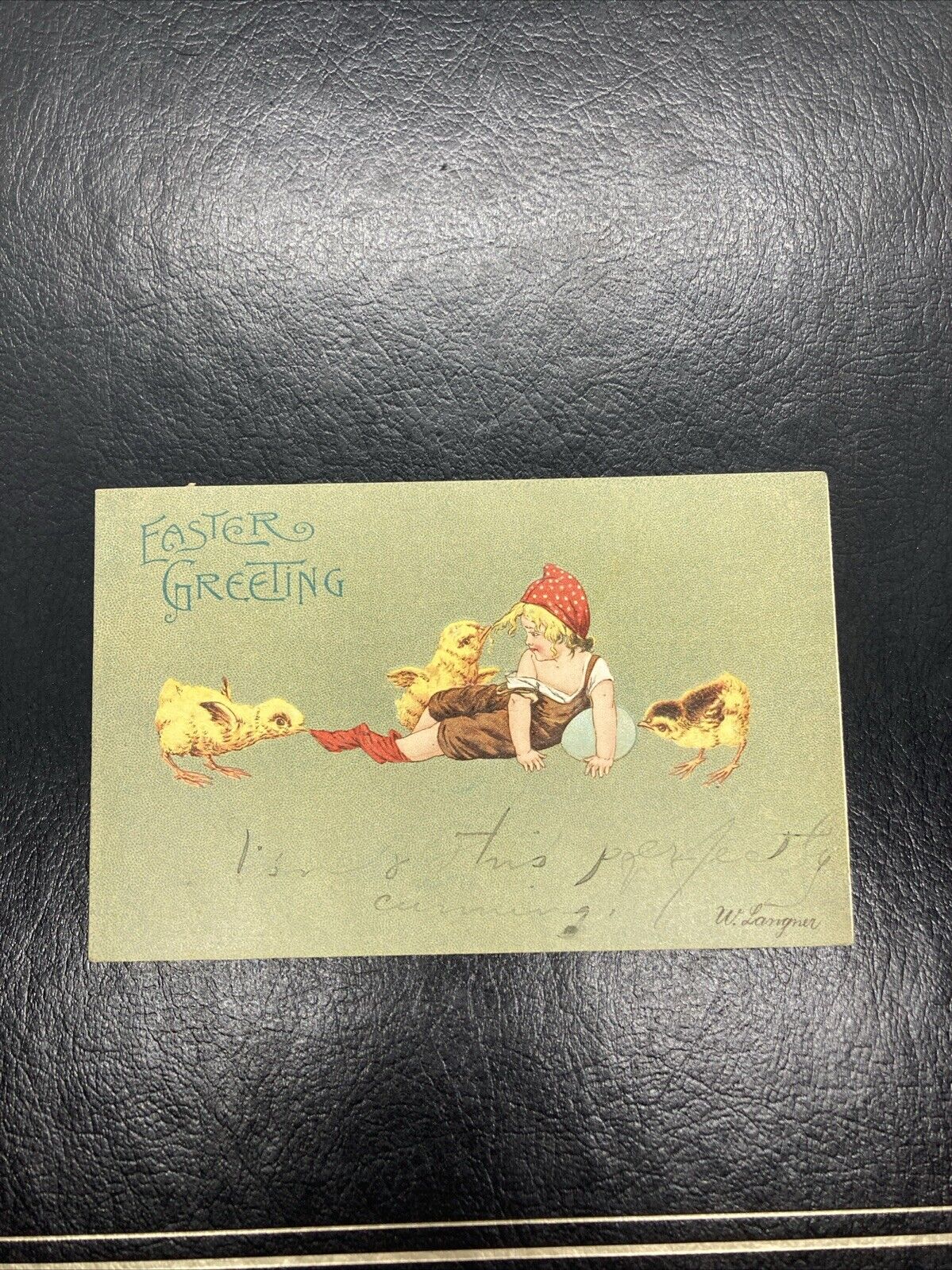 1908 Langner Easter Postcard Girl Playing with Chicks