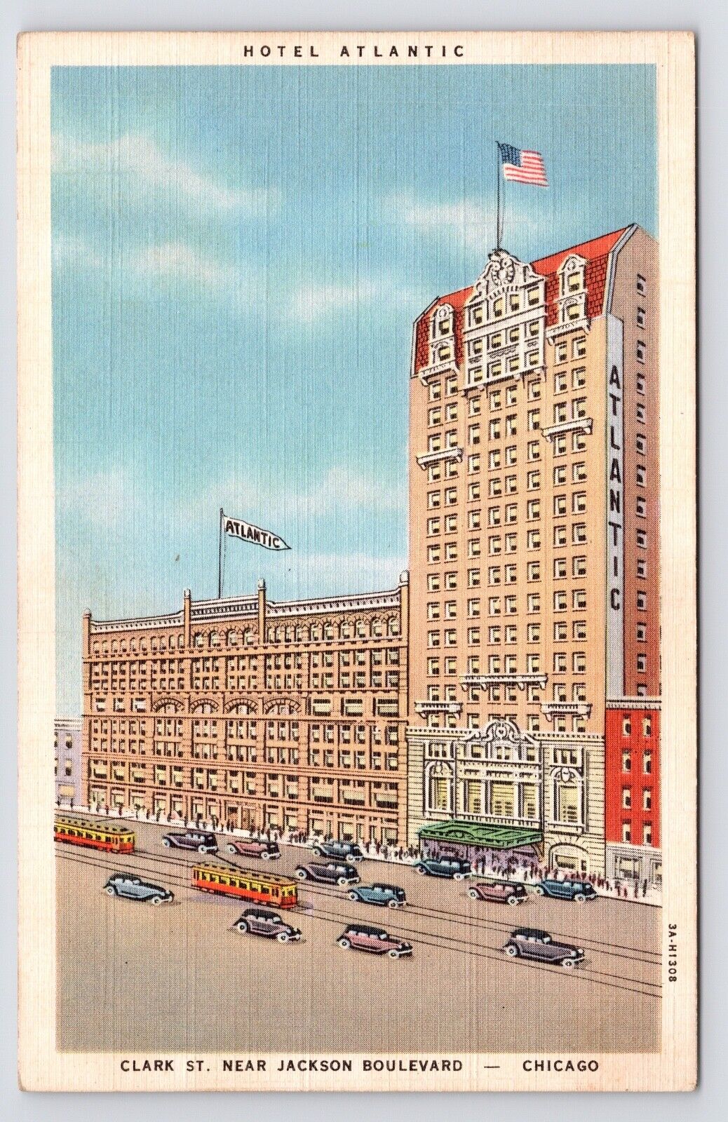 c1940s~Hotel Atlantic~Chicago IL~Clark Street~Downtown~Trolley~Cars~VTG Postcard