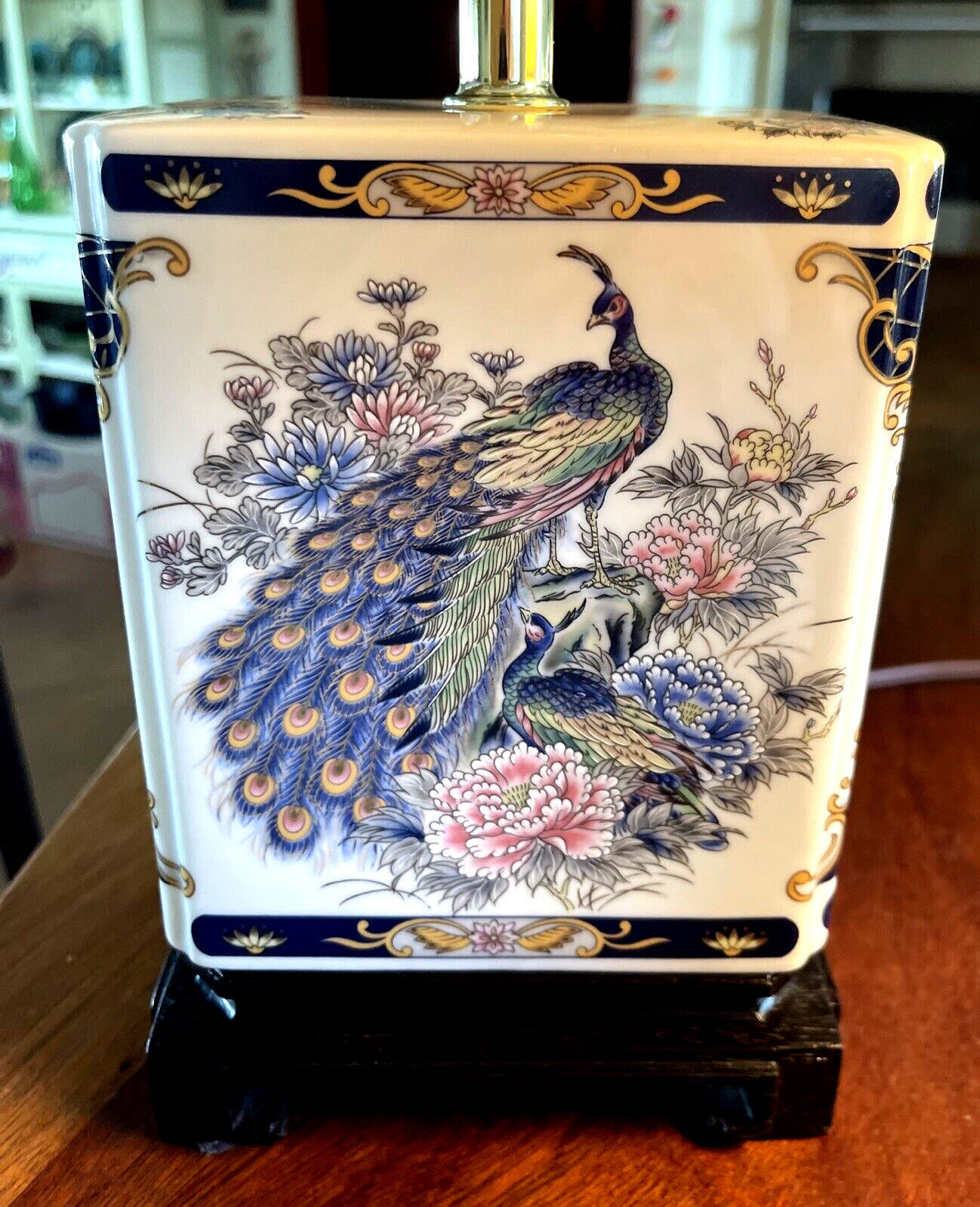 Vintage Porcelain Peacock & Floral Table Lamp Cobalt Blue Asian Japan Wood Base