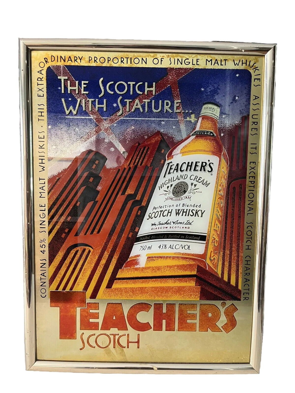 Art Deco Teacher’s Scotch Highland Cream Bar Sign Mirror Malt Whiskey RARE HTF