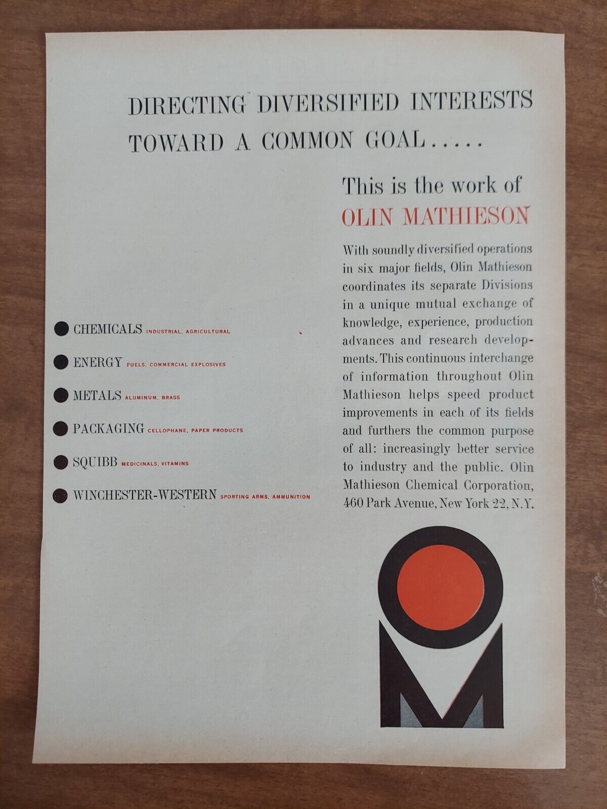 Diversified Interest Industry Olin Mathieson Chemical Corp 1959 Vintage Print Ad