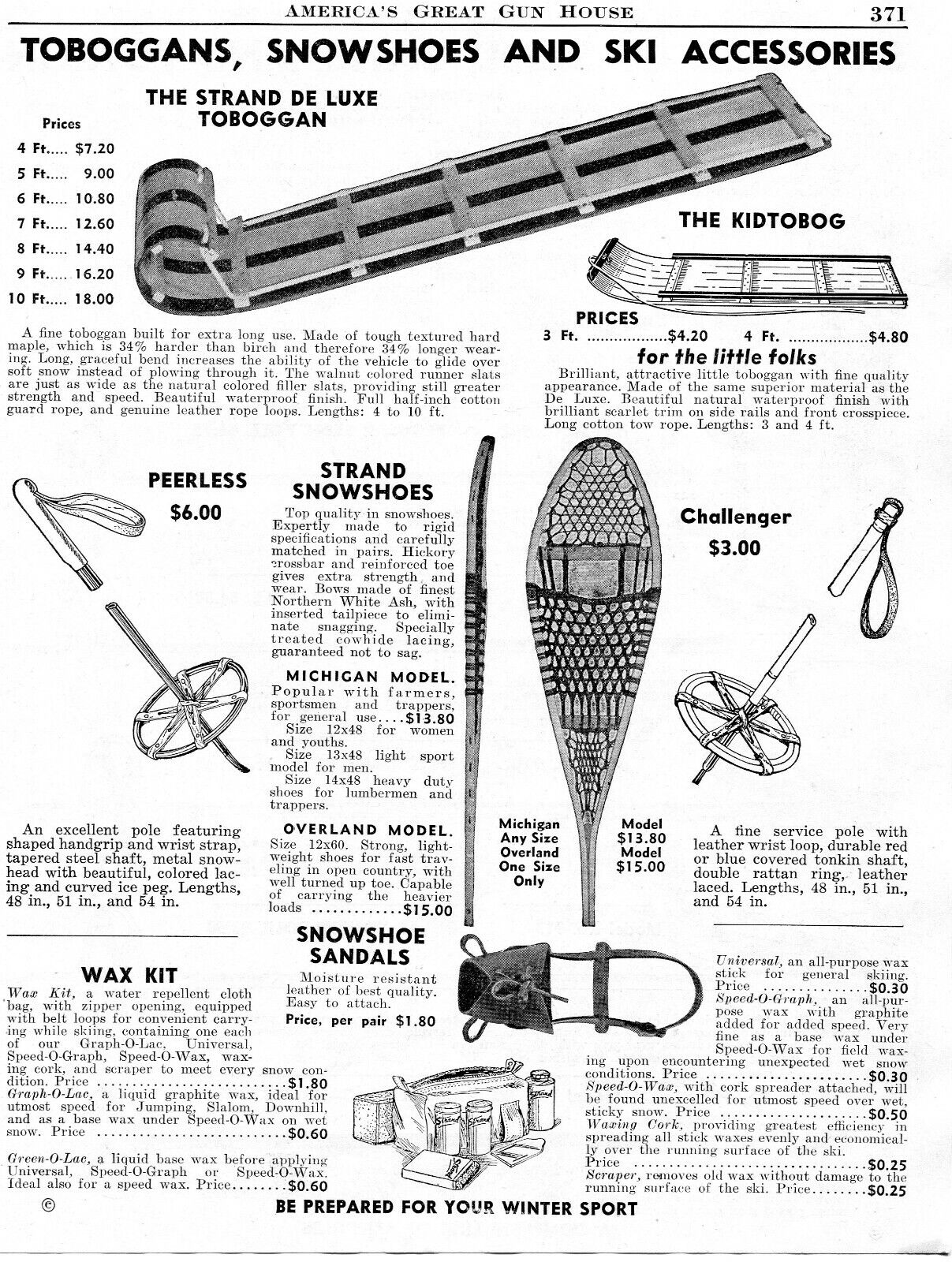 1943 Print Ad of Toboggans, Snowshoes & Snow Ski Poles
