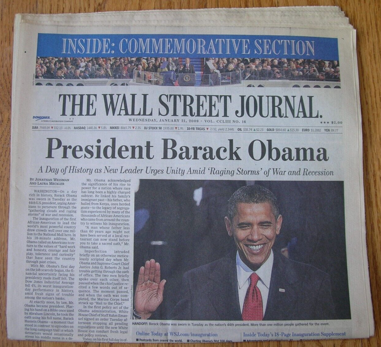 New Unread Wall Street Journal Barack Obama Issue January 21, 2009 Election NL