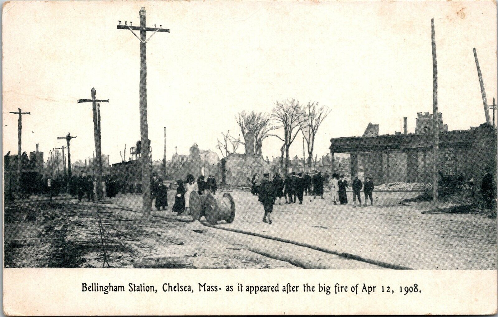 Vtg Chelsea MA Great Fire 1908 Ruins of Bellingham Statiton Disaster Postcard