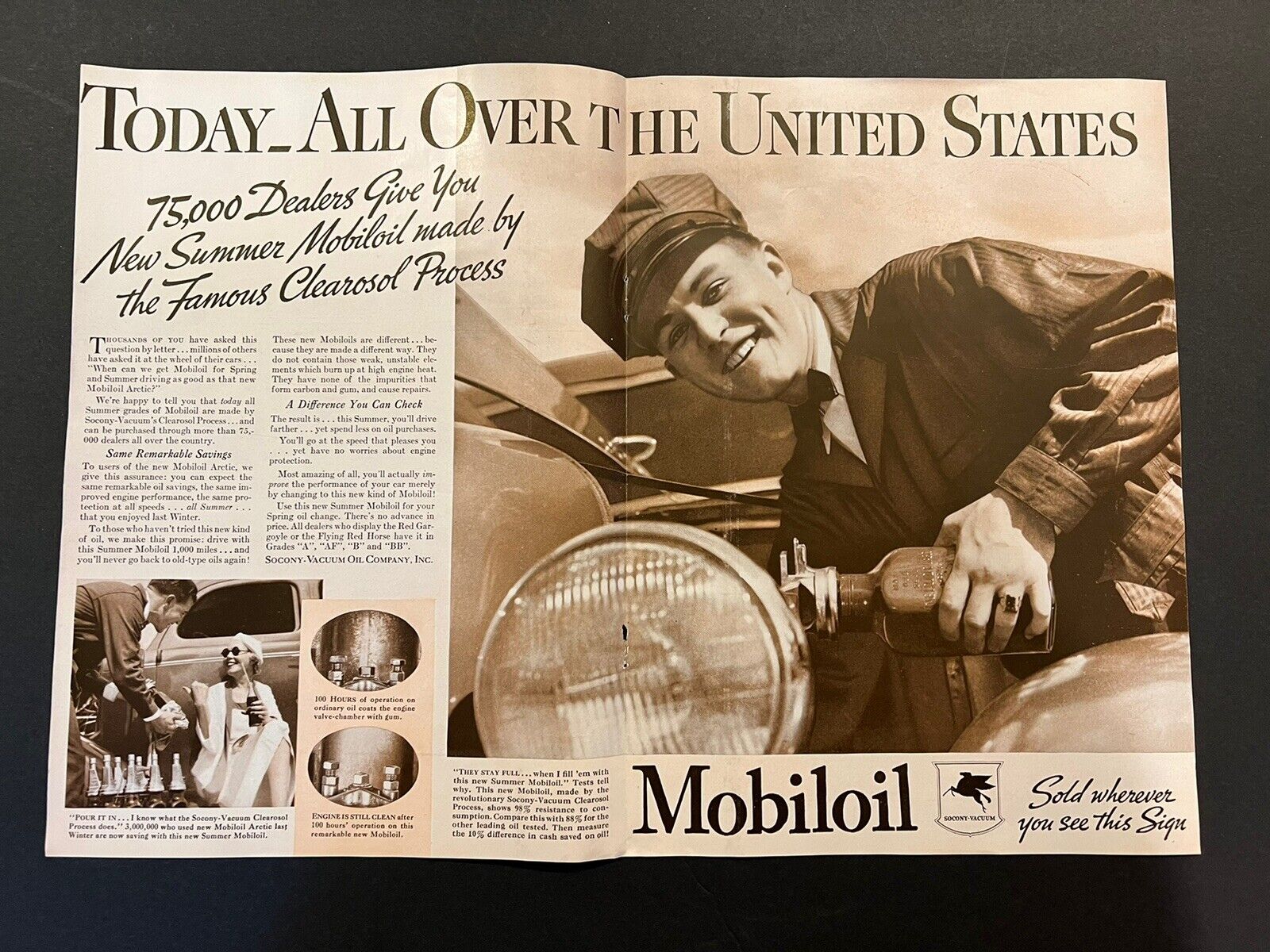 Vtg 1930s centerfold Mobil oil Ad, Garage, Man-Cave Decor, Chevy & Buick