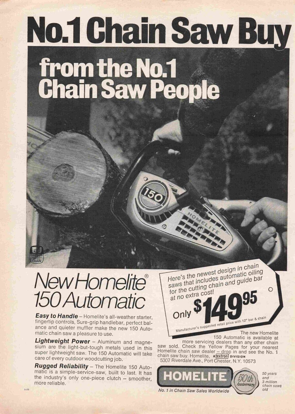 Homelite 150 Automatic Saw 1970\'S Print Advertisement