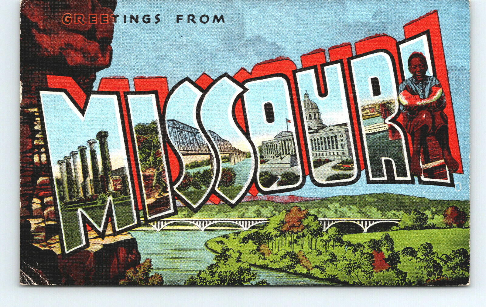 Greetings from Missouri Large Letter Boy Watermelon Vintage 1953 Linen Postcard 