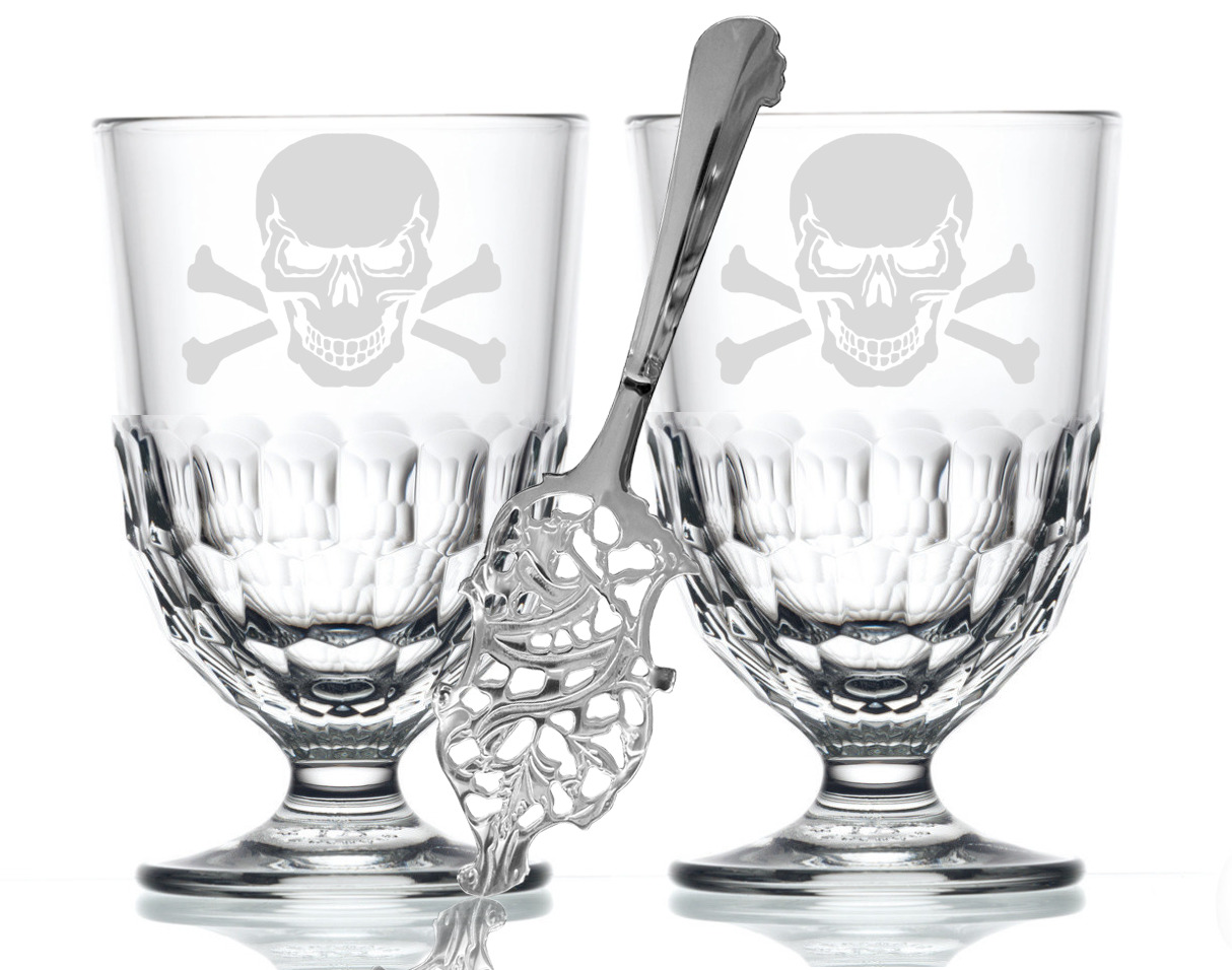 2 French La Rochere Etched Skull Absinthe Glasses & Spoon Set - Shot