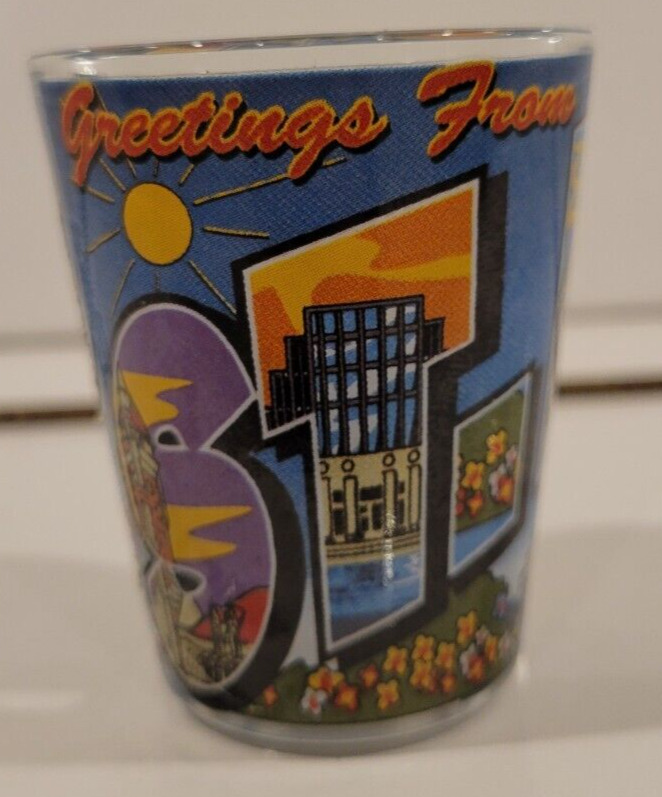 SHOT GLASS GREETINGS FROM ST LOUIS 2.25 INCHES HOLDS 1.5 OZS