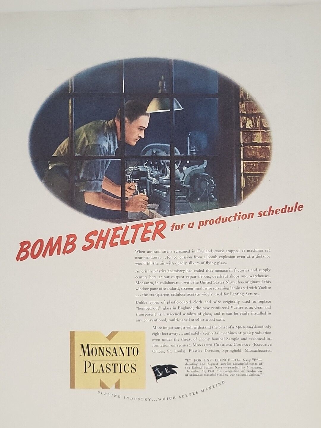 1942 Monsanto Plastics Fortune WW2 Print Ad Q3 Bomb Shelter War Homefront