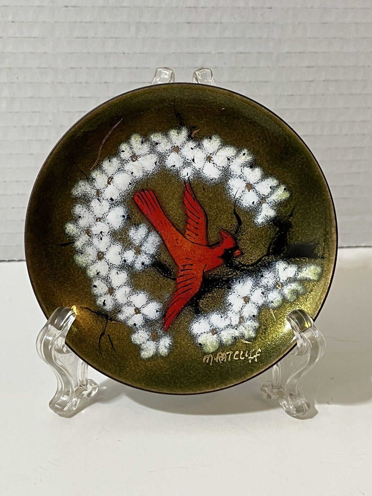 M Ratcliff Hand Painted Enamel On Copper Plate Cardinal Bird Dish Signed 4\