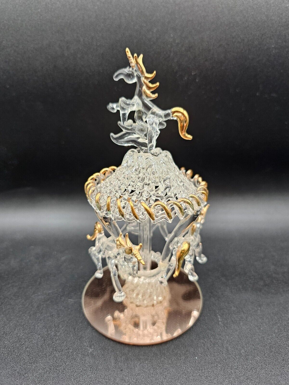 Vintage Spun Glass Crystal Unicorn Carousel Horse Spinning