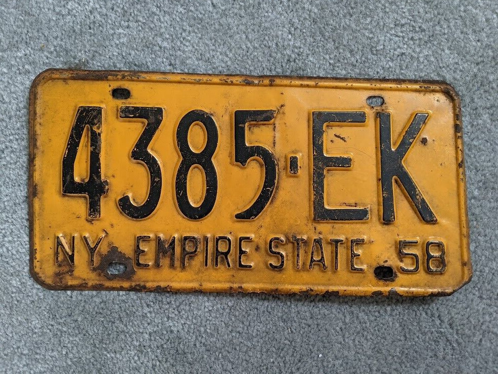 Real 1958 New York NY License Plate 4385-EK Vintage Collectible Man Cave