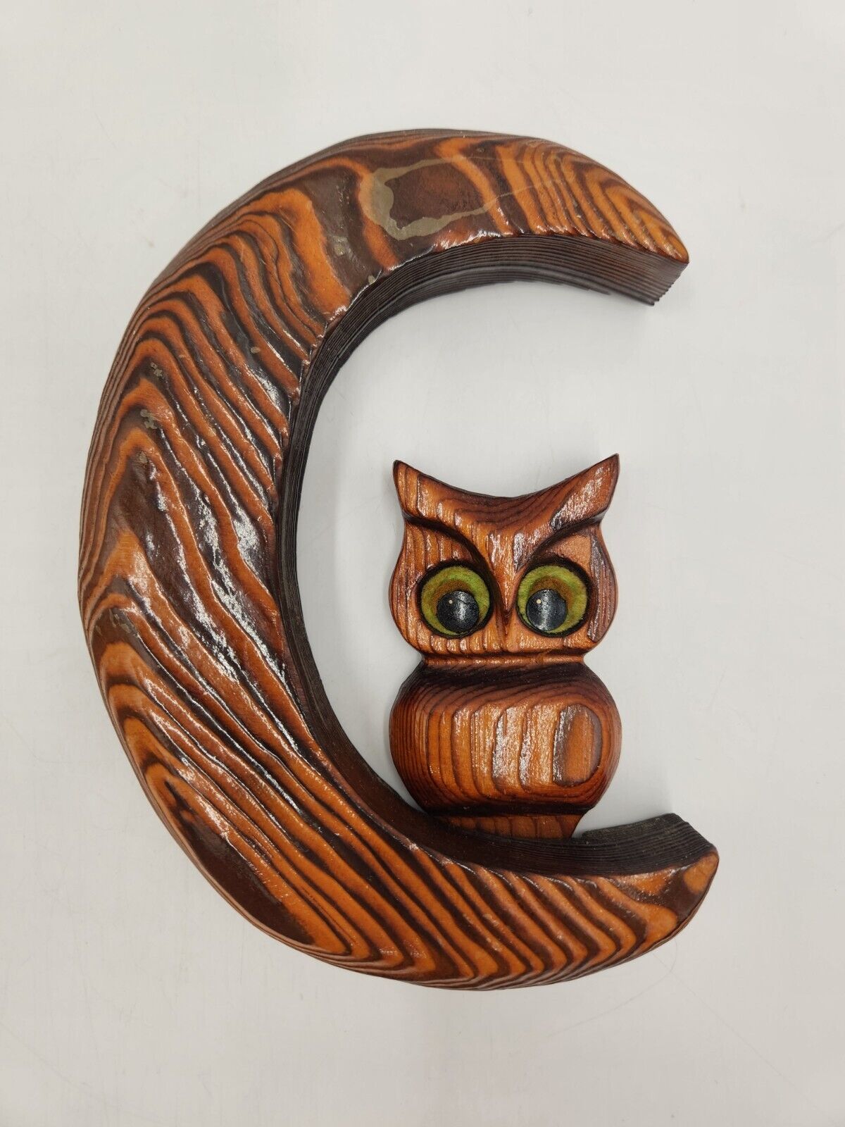 Vintage Hand Carved Mid Century Cryptomeria Wood Owl Sitting on the Moon