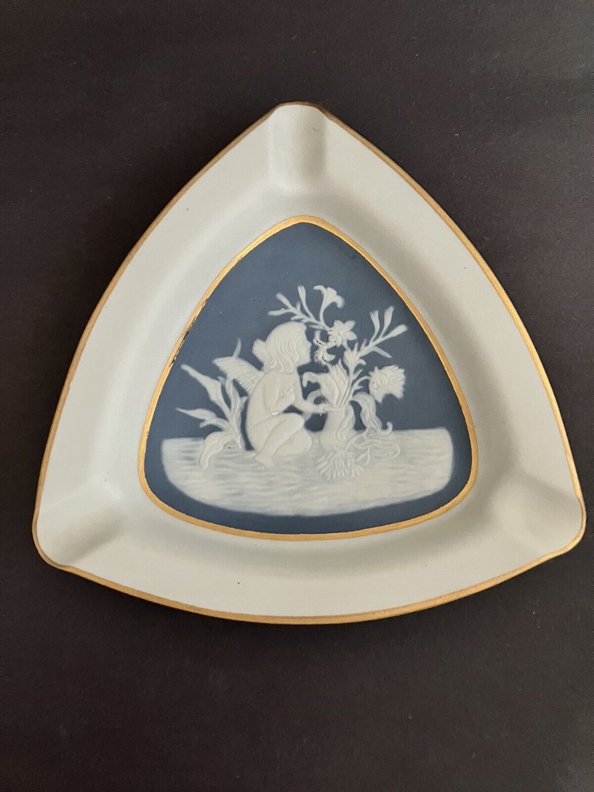 Vintage Limoges France Porcelain Ashtray With Jasperware Picture Of Angel