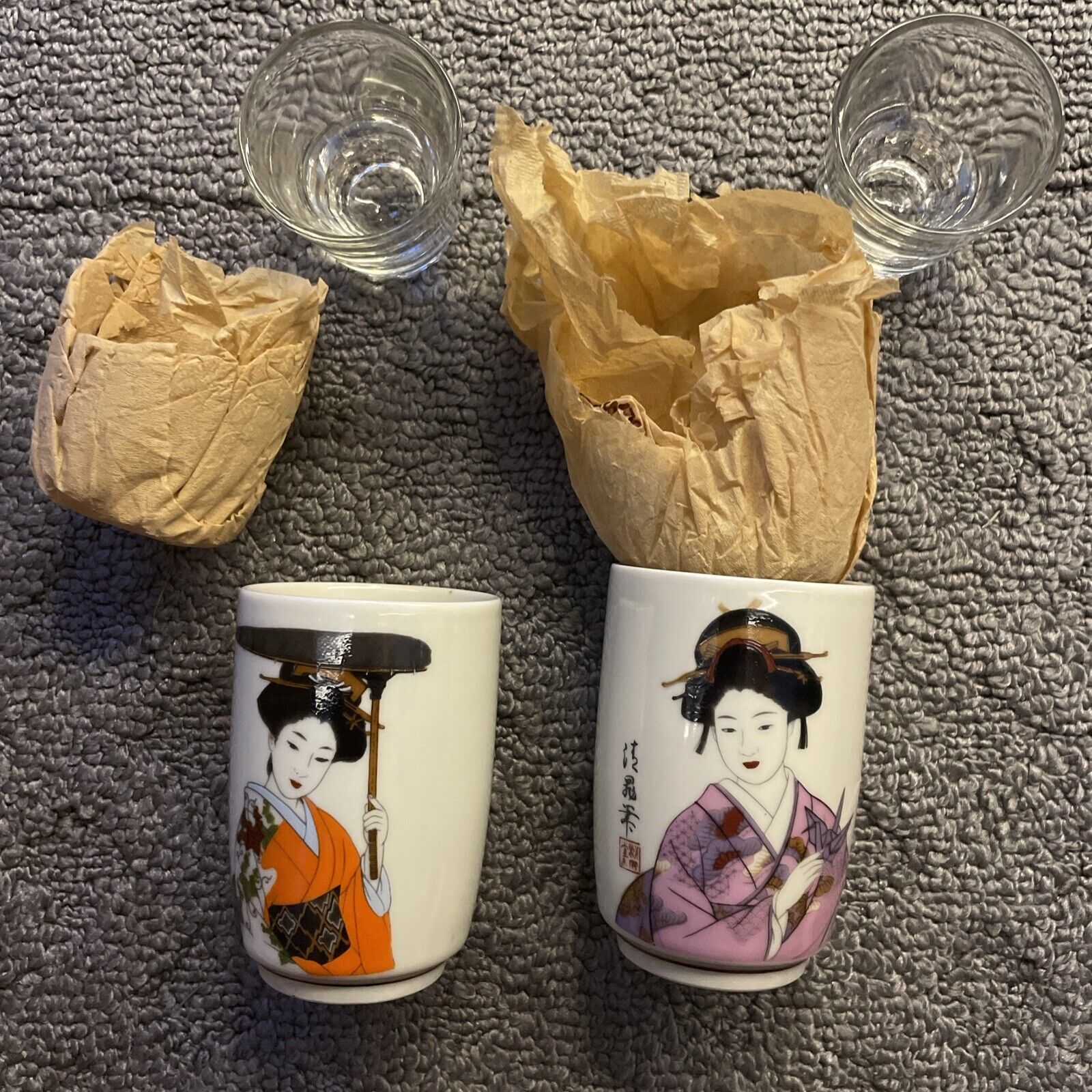 Vintage Set 2 Japanese Geisha Tea Cups New Porcelain Cups W/ Shot Glasses W/Box