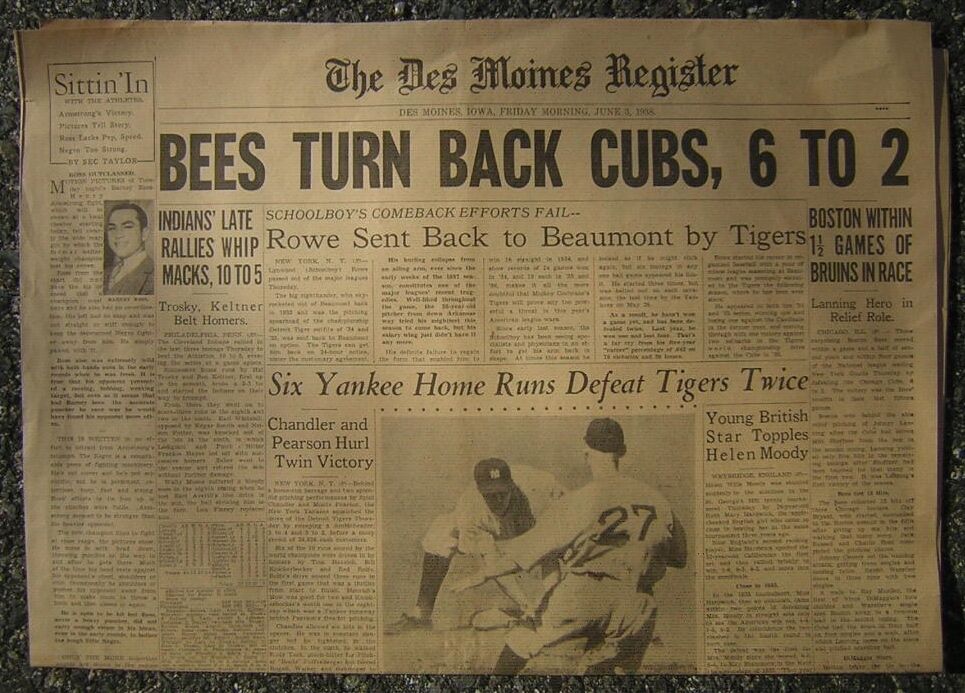 6/3/1938 The Des Moines Register Sports - 6 Yankee Home Runs Defeat Tigers Twice