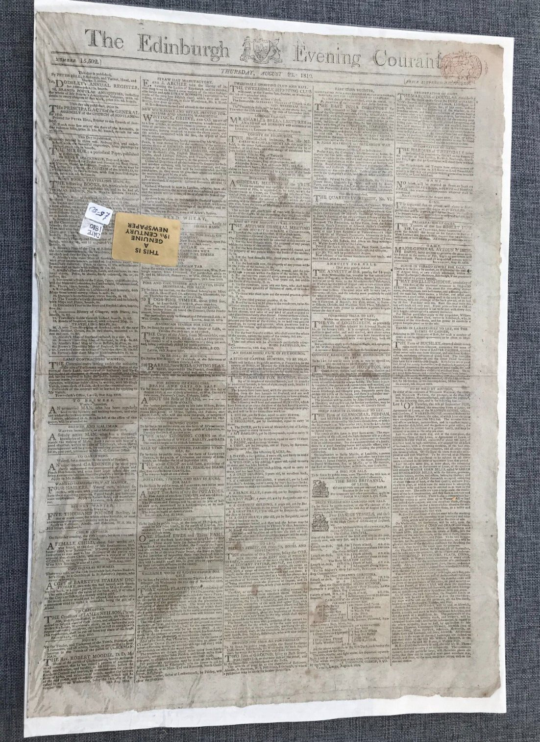 THE EDINBURGH EVENING COURANT 23 AUGUST 1810 ORIGINAL NEWSPAPER