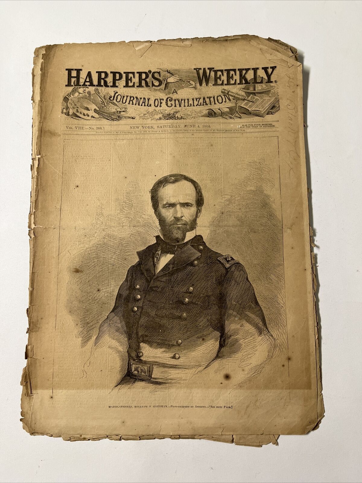 Original Harpers Weekly June 6/4/1864 Major General William T Sherman Civil War