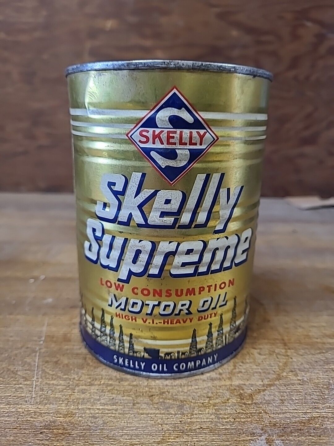 Vintage Skelly Supreme Ribbed Motor Oil Can Full