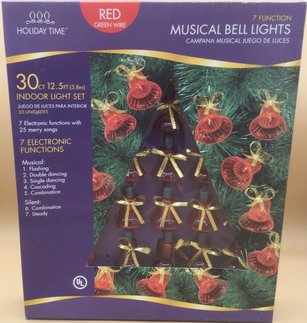 HOLIDAY TIME Musical Bell Lights Red 30 Count 25 Songs 7 Functions NEW 