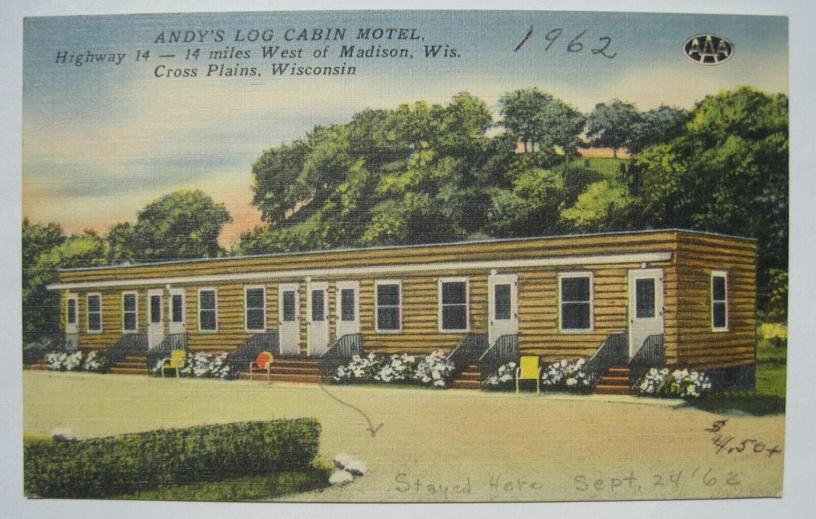 Cross Plains WI Andy\'s Log Cabin Motel Linen Wisconsin Postcard; Dated 1962