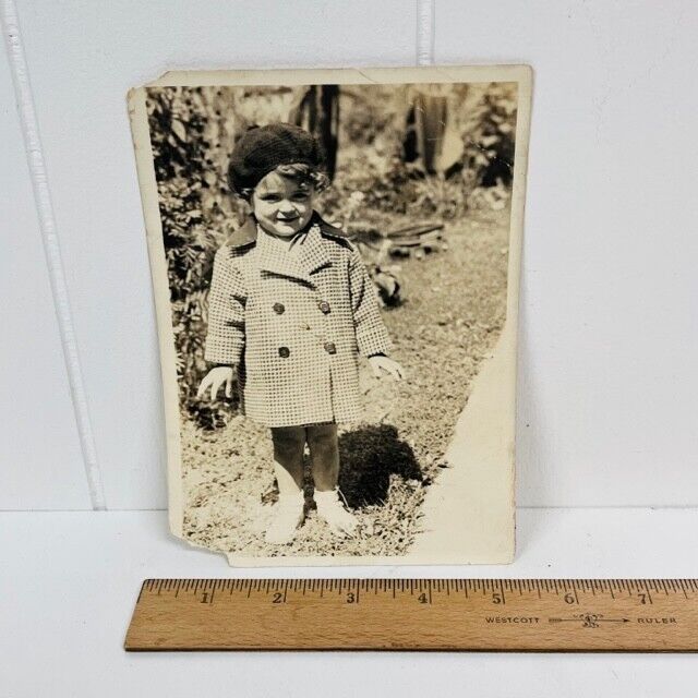 Antique 1930s Photograph Cute Child Toddler In Coat & Hat 5x7 Inches