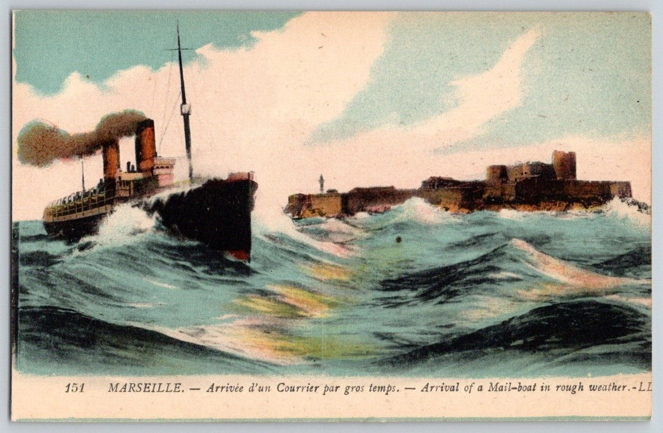 Antique Postcard~ Arrival Of Mailboat In Rough Weather~ Marseille, France
