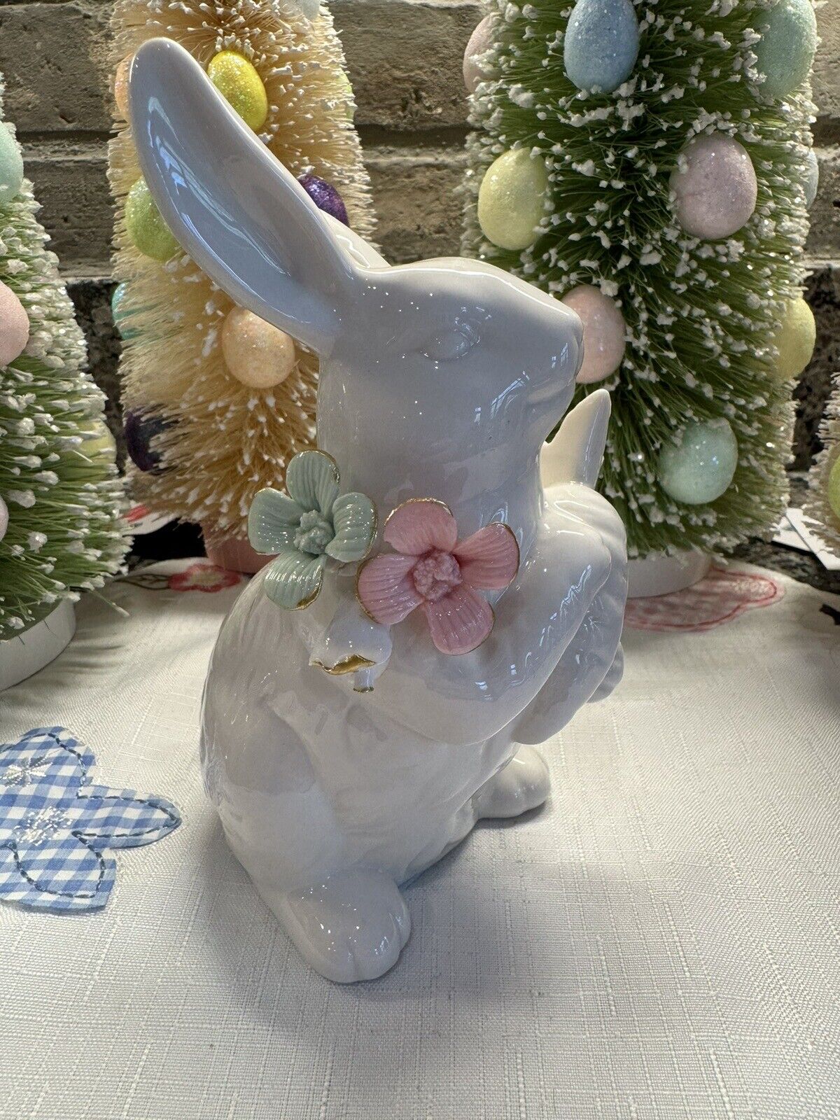 Springtime Standing Easter Bunny Rabbit with Pink & Green Rose Flower Figurine