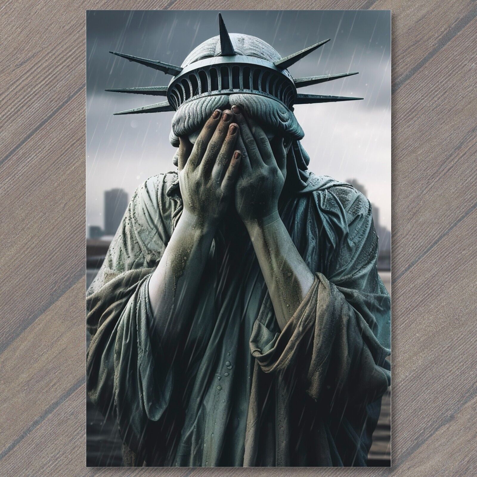 Postcard Sorrowful Statue of Liberty Weeps in the Rain, City Background New York