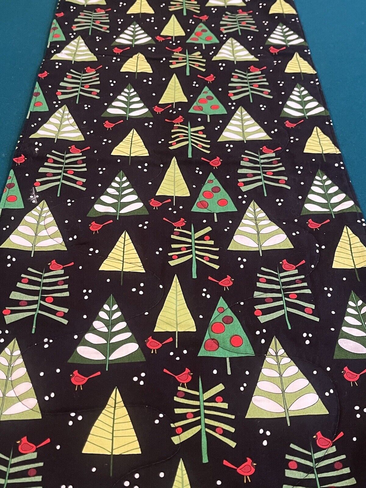 REVERSIBLE DOUBLE SIDED CHRISTMAS TABLE RUNNER BLACK NEON GREEN TREES Snowflakes