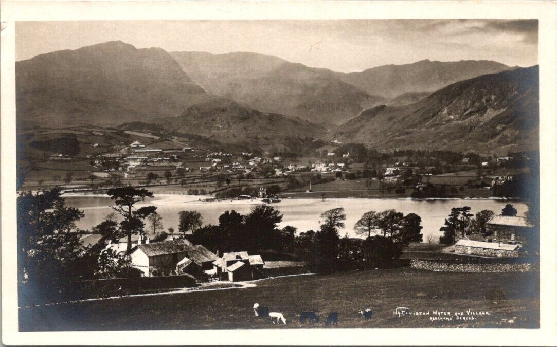 Vintage real photo postcard- CONISTON WATER AND VILLAGE England unposted