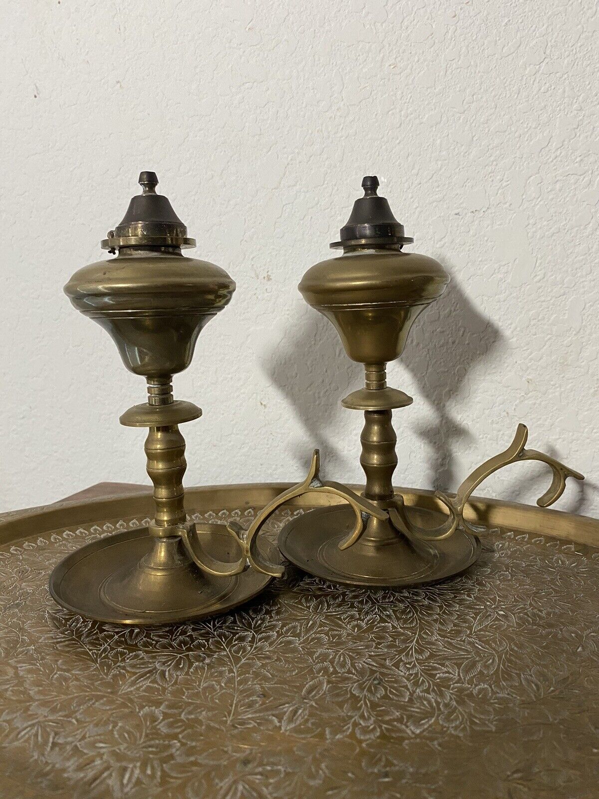 Pair Of Vintage Solid Brass Oil Lamps, With Snuffers And Ornate Handles