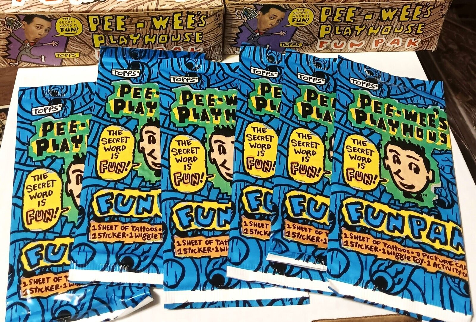 Lot of Six PEE-WEE\'s Playhouse FUN PAKS, 6 Sealed 1988 Original Topps Card Packs