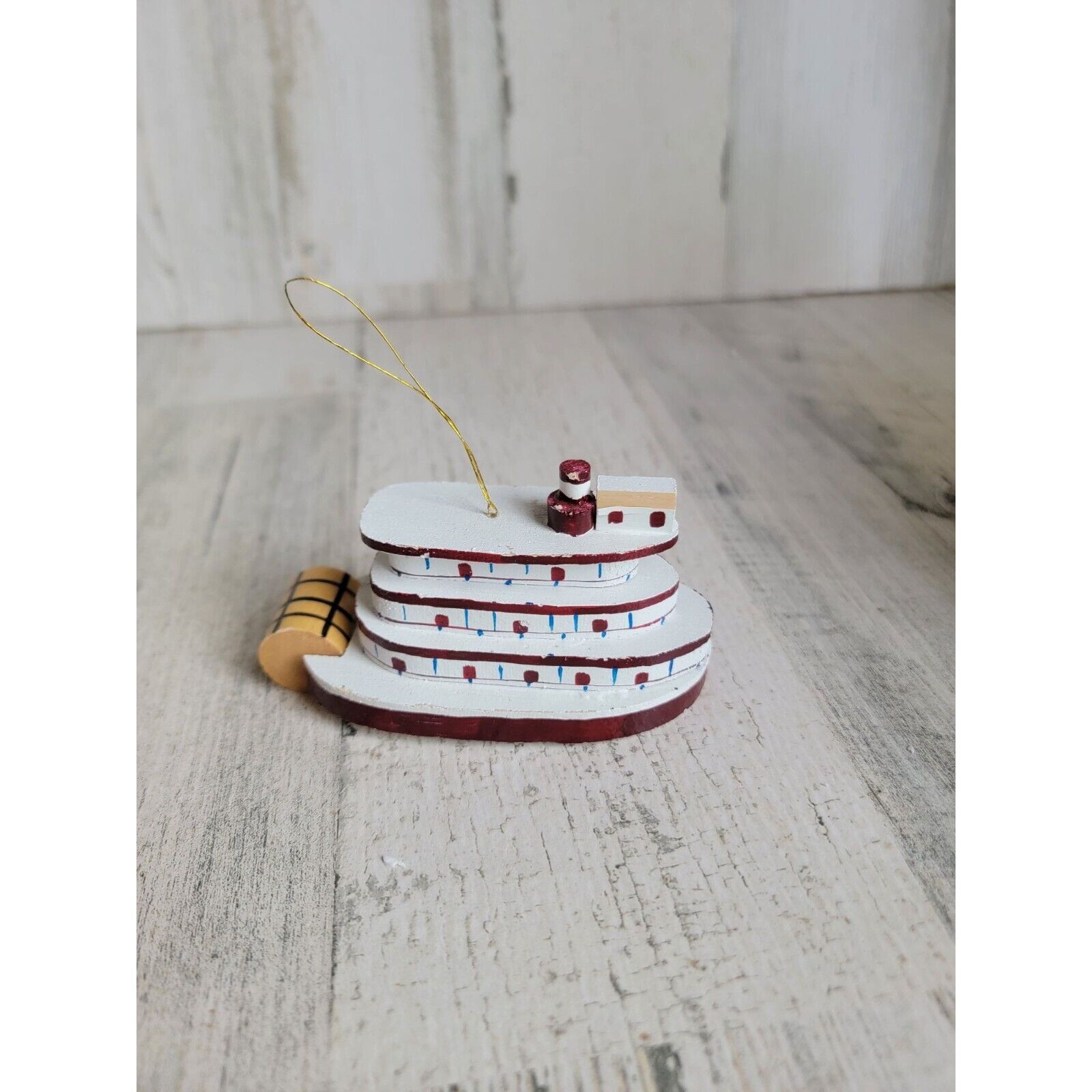Wooden red boat fairy vintage ornament Xmas