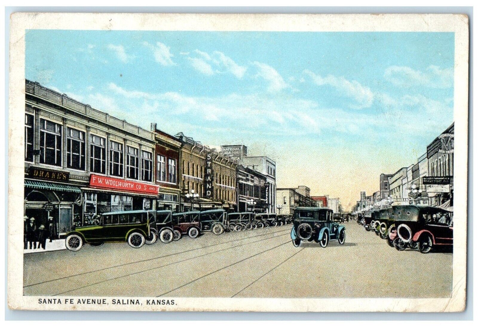 c1930\'s Santa Fe Avenue Cars Strand Woolworth Co. Salina Kansas KS Postcard