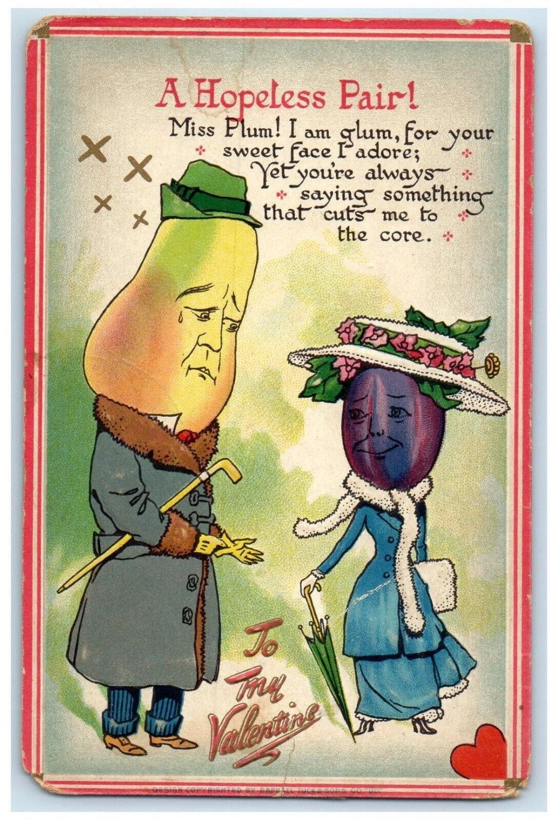 c1910's Valentine A Hopeless Pair Plum Tuck's Embossed Unposted Antique Postcard