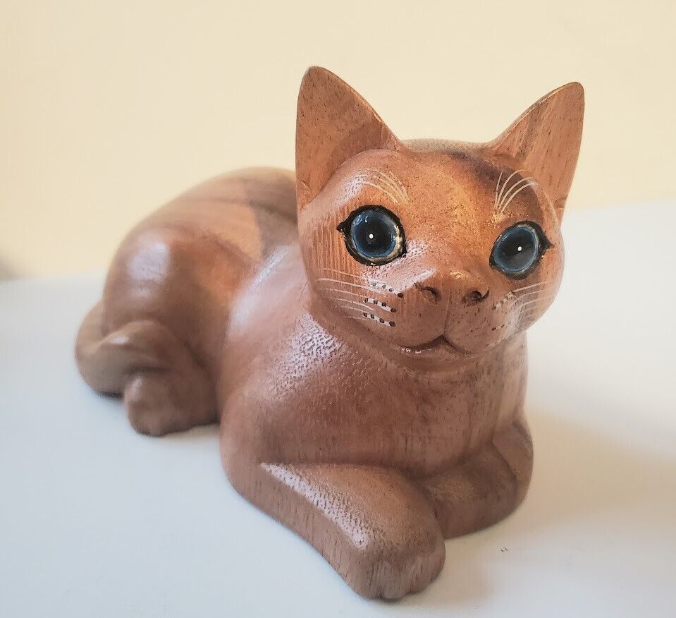 Short Haired Cat Hand Carved Wood Figure Signed Novica Collection