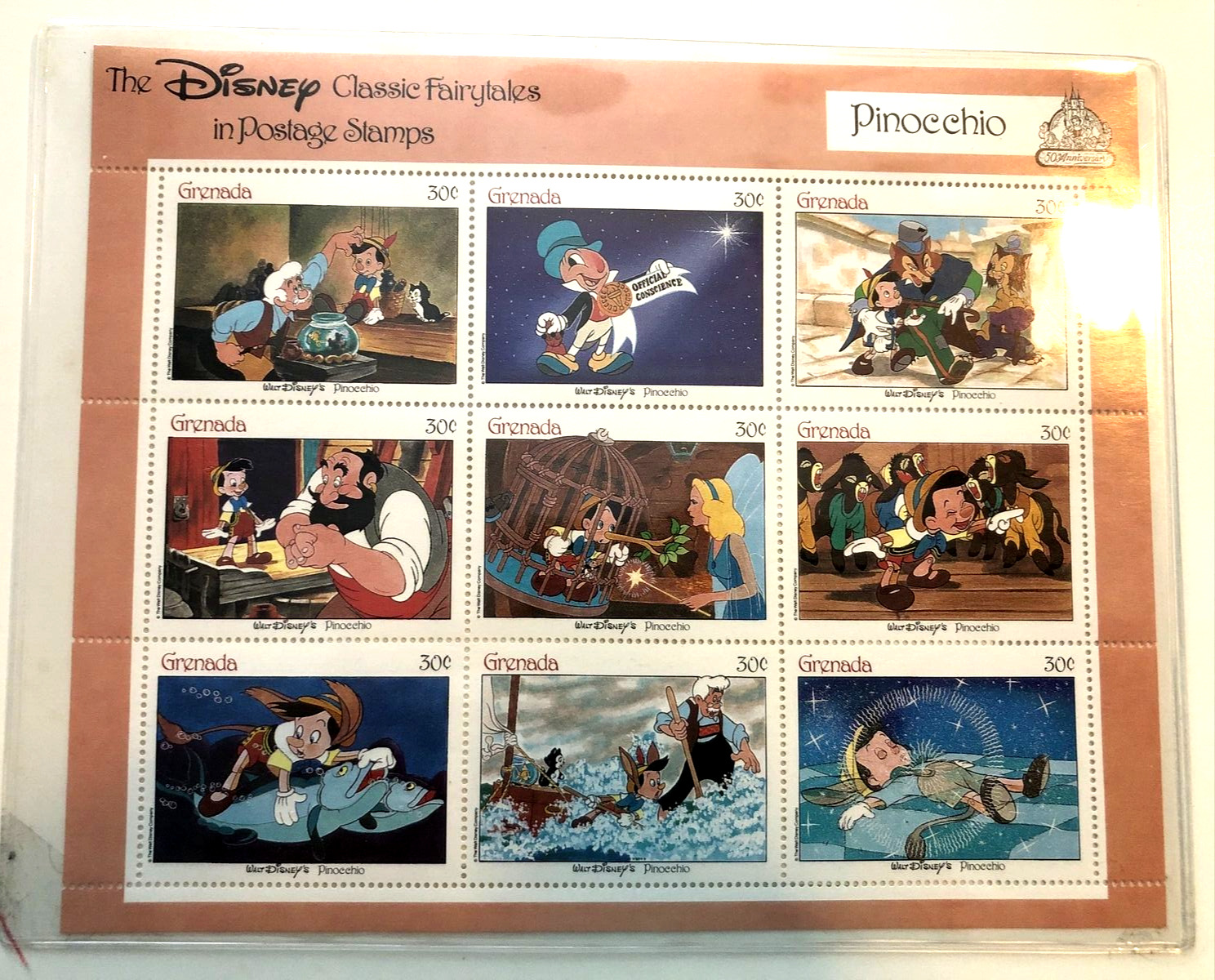 Disney Classic Fairytales Postage Stamps- Pinocchio -COA