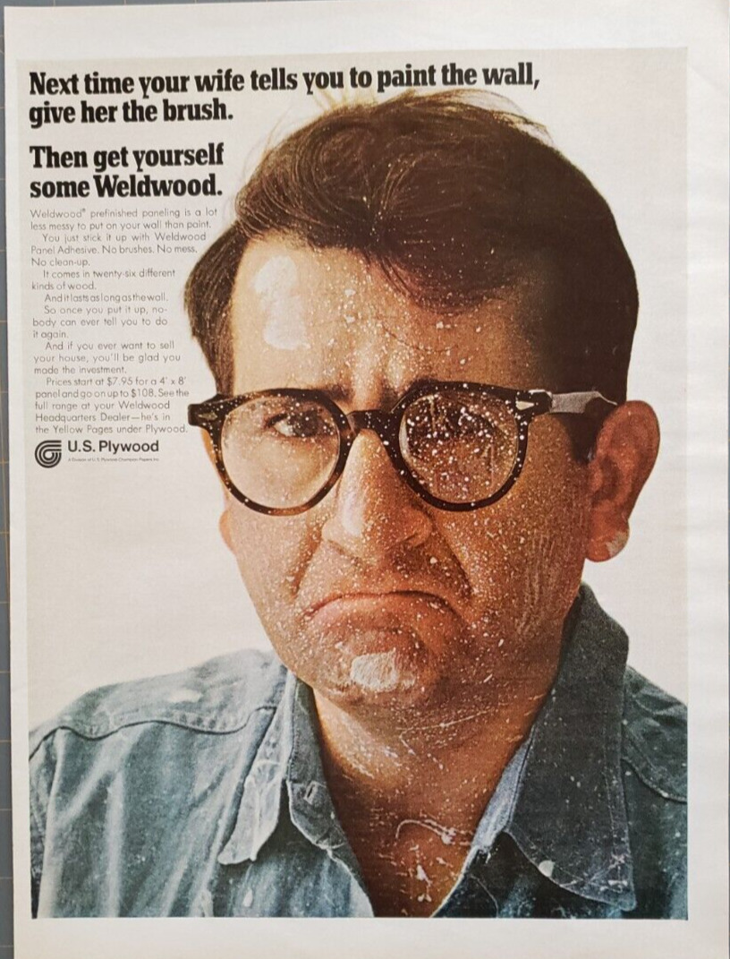 1968 Weldwood Paneling Man Paint Splattered On Face & Glasses Print Ad