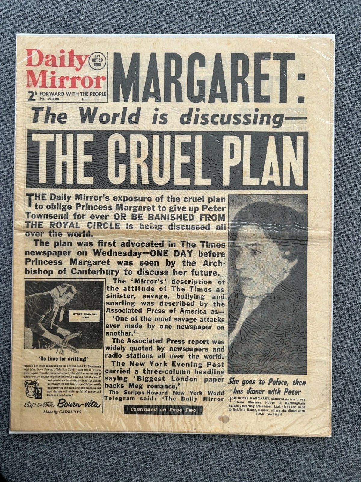 DAILY MIRROR PRINCESS MARGARET CRUEL PLAN 29TH FEB 1955 NEWSPAPER