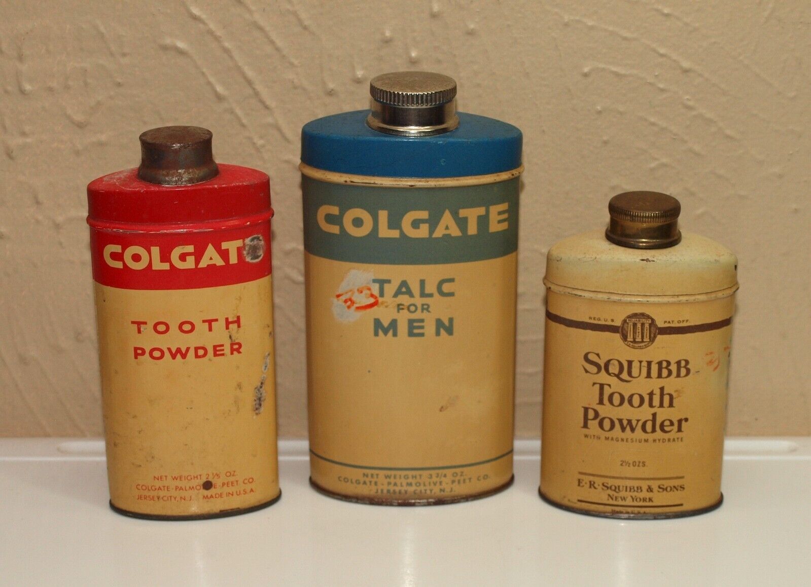 Vintage Lot 3 Advertising Metal Cans Tins COLGATE & SQUIBB Tooth Powder + TALC