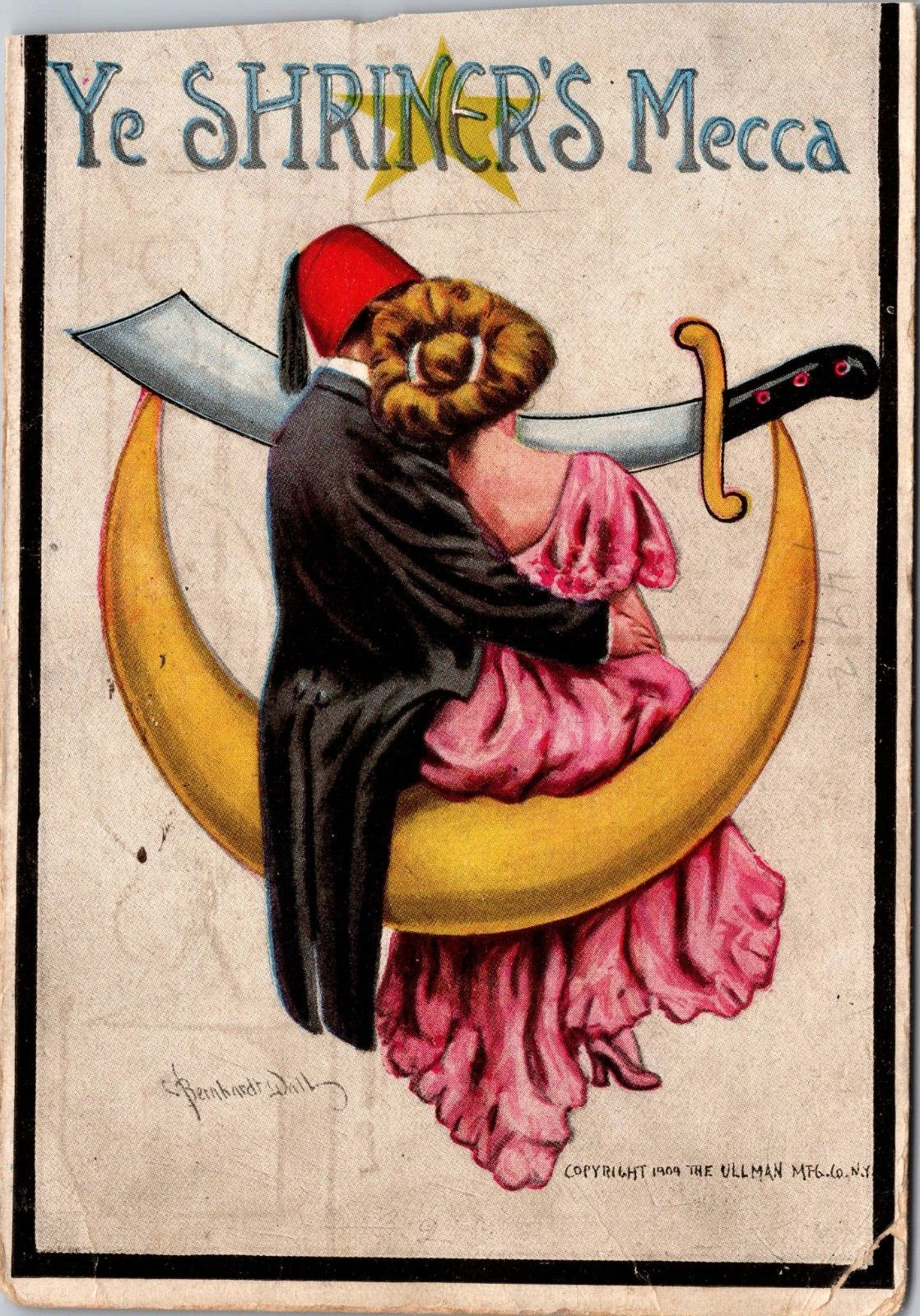 Postcard Ye Shriner\'s Mecca Fraternal Sword Romance antique 1909 postcard
