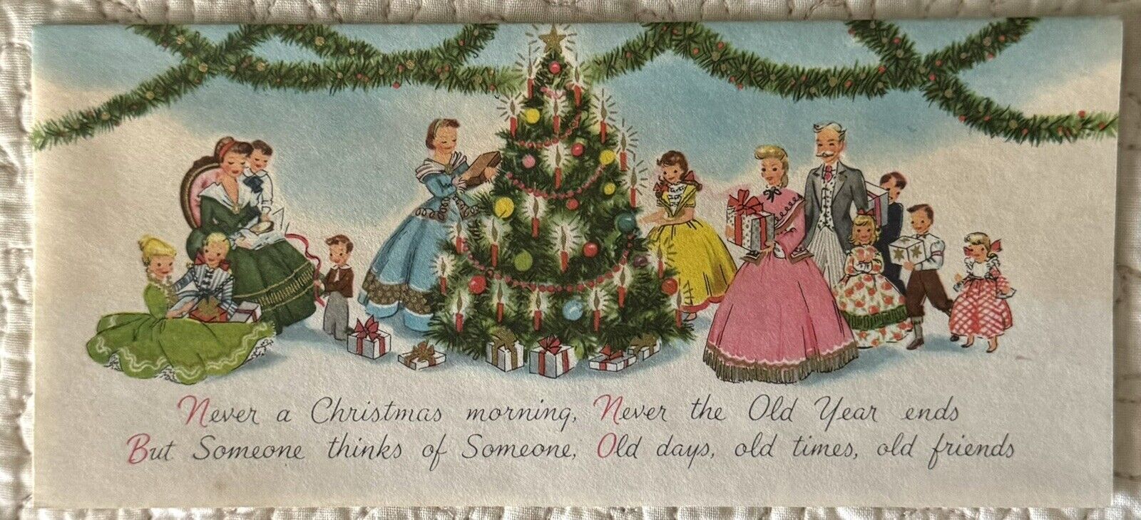 Unused Christmas Victorian Decorate Tree Presents Vtg Greeting Card 1950s 1960s
