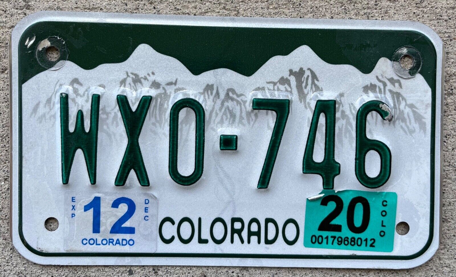 Colorade Motorcycle License Plate, Used, WXO-746