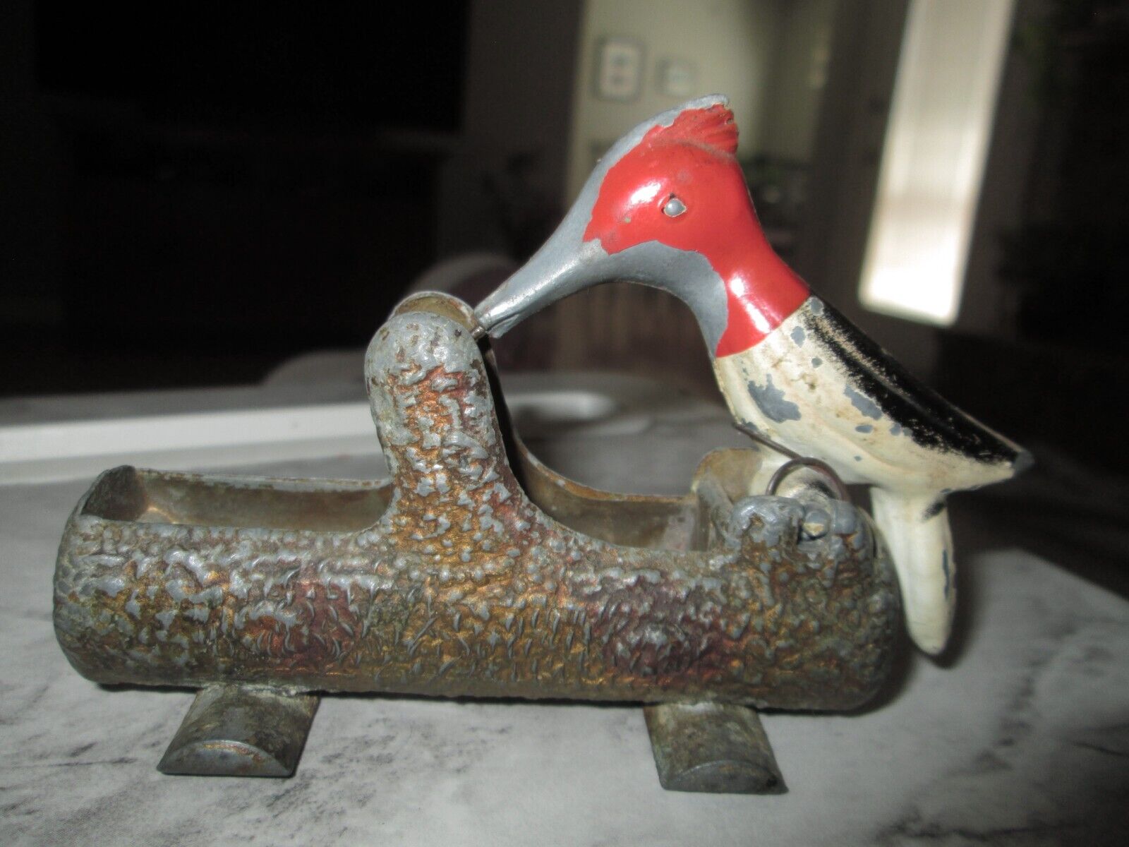 Cast Iron Metal Woodpecker Bird On Log Toothpick Holder Dispenser Vintage