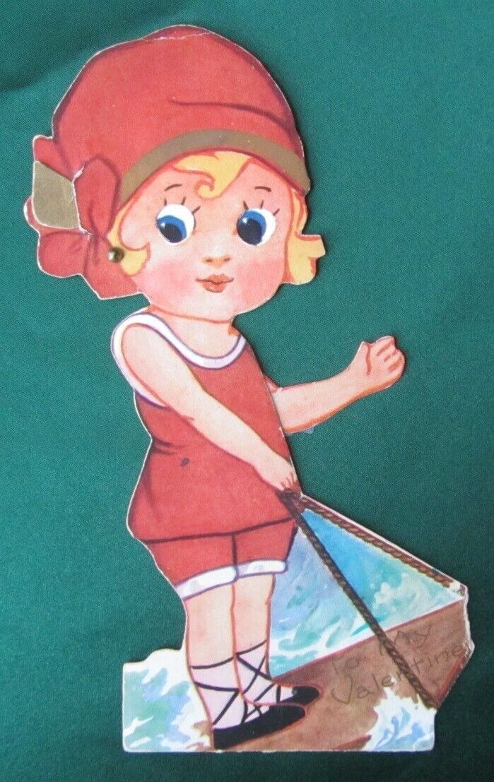 Vtg 1920s Valentine’s Day Card Little Girl Bathing Suit Beach Moveable Eyes Arm