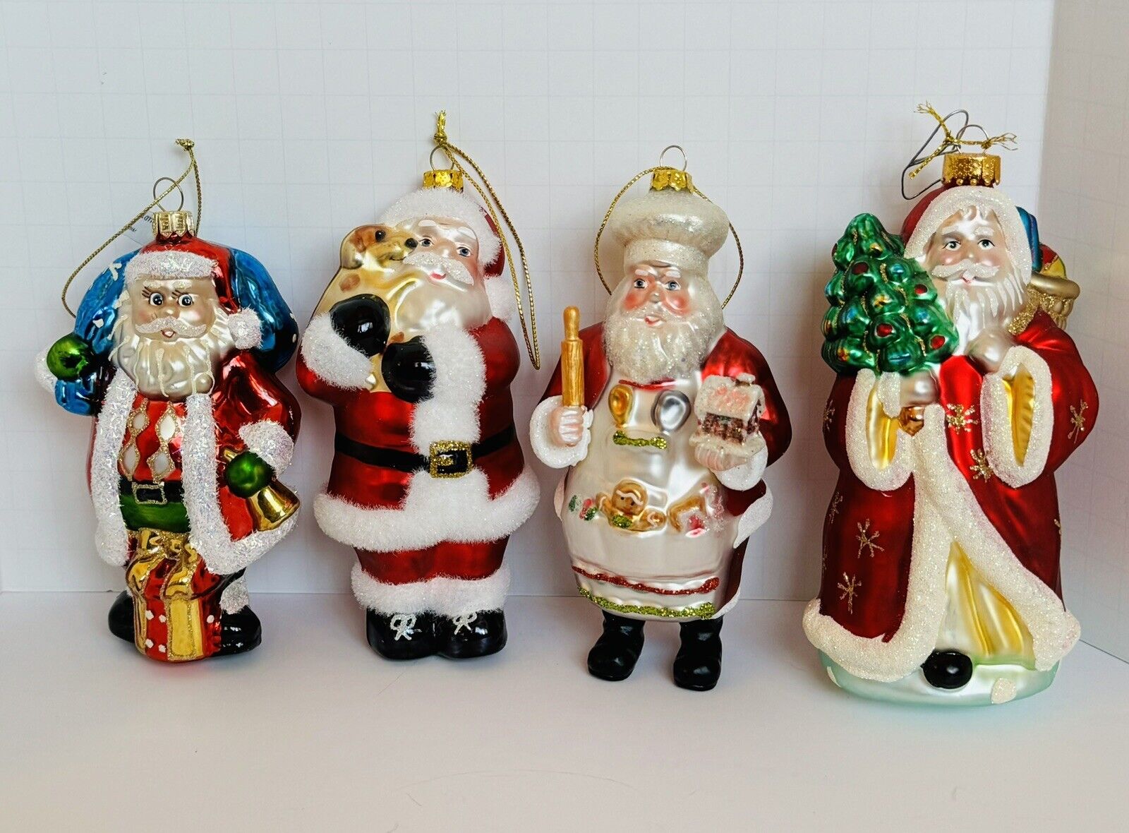 VTG Christmas Hand Blown Santa Clause Ornaments, Set Of 4-Large 5.5”